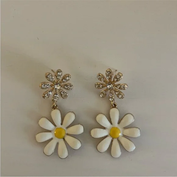 Daisy Drop Earrings in Gold and White - Picture 2 of 8